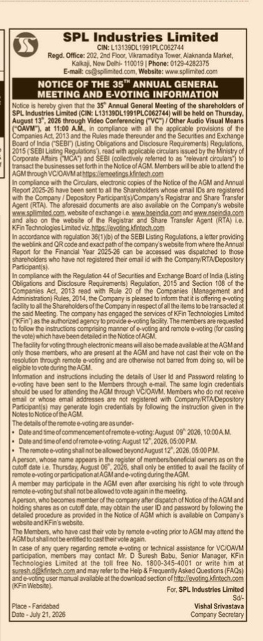 Notice of the 35th Annual General Meeting and E-Voting Information – SPL Industries Limited