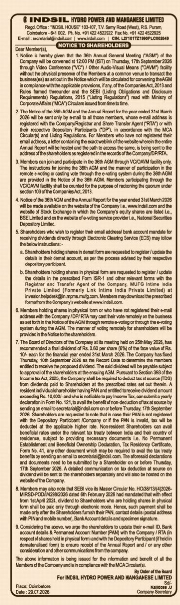 Notice of the 36th Annual General Meeting (AGM) of Indsil Hydro Power and Manganese Limited