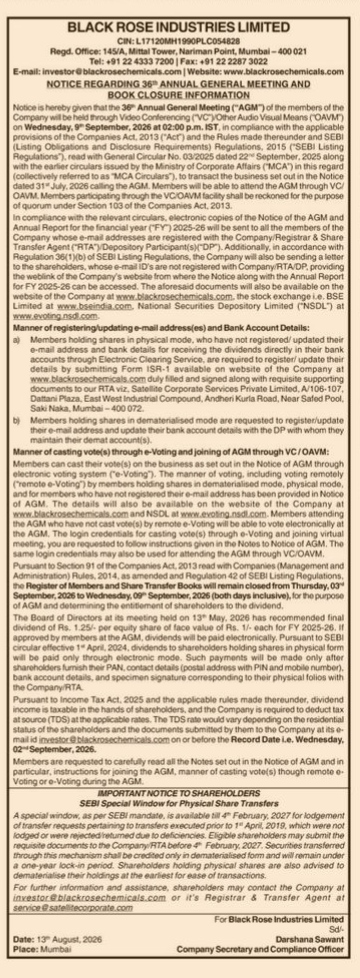 Notice of the 36th Annual General Meeting and Book Closure – Black Rose Industries Limited