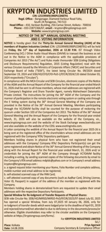 Notice of the 36th Annual General Meeting and E-Voting Information of Krypton Industries Limited