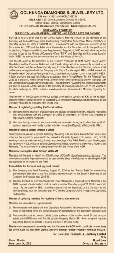 Notice of the 36th Annual General Meeting and Record Date for Dividend – Golkunda Diamonds & Jewellery Ltd