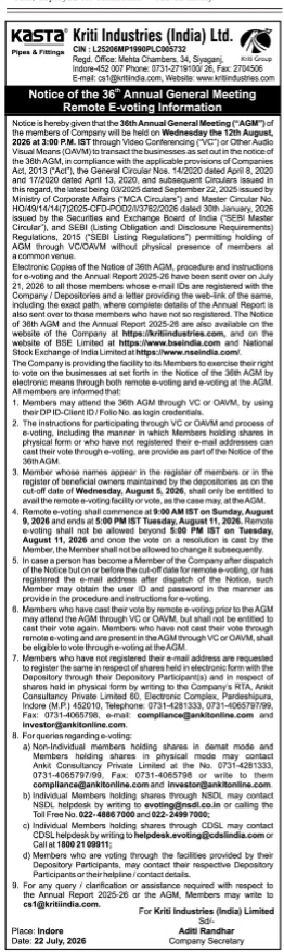Notice of the 36th Annual General Meeting of Kriti Industries (India) Ltd.