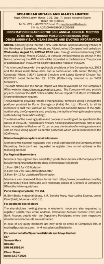Notice of the 36th Annual General Meeting of Spearhead Metals and Alloys Limited