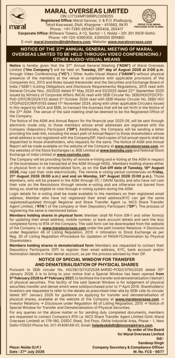 Notice of the 37th Annual General Meeting of Maral Overseas Limited