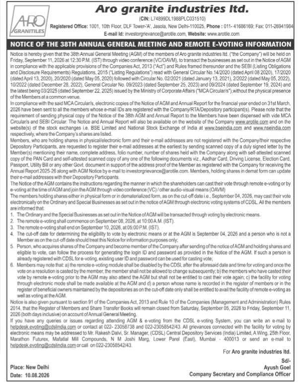 Notice of the 38th AGM and Remote E-Voting Information – Aro Granite Industries Ltd.