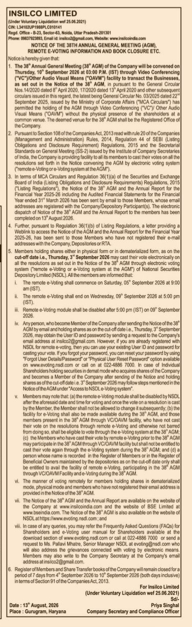 Notice of the 38th Annual General Meeting (AGM) and Remote E-Voting Information for Insilco Limited.