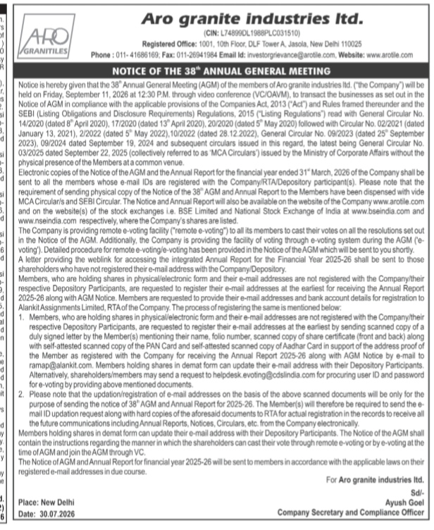 Notice of the 38th Annual General Meeting of Aro Granite Industries Ltd.