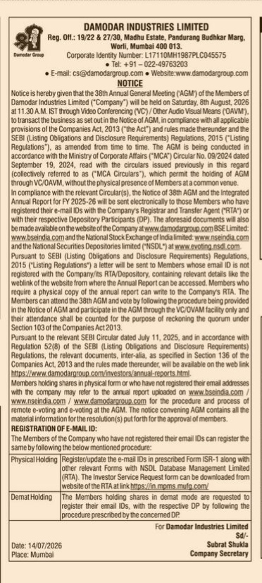 Notice of the 38th Annual General Meeting of Damodar Industries Limited."