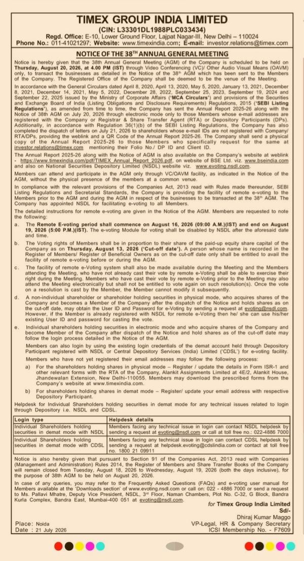 Notice of the 38th Annual General Meeting of Timex Group India Limited