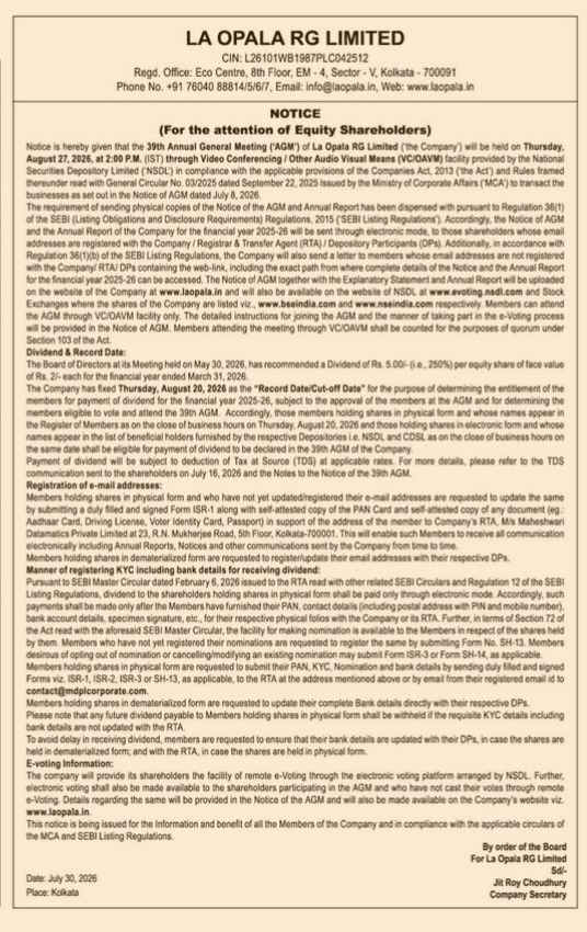 Notice of the 39th Annual General Meeting and Dividend Information for La Opala RG Limited