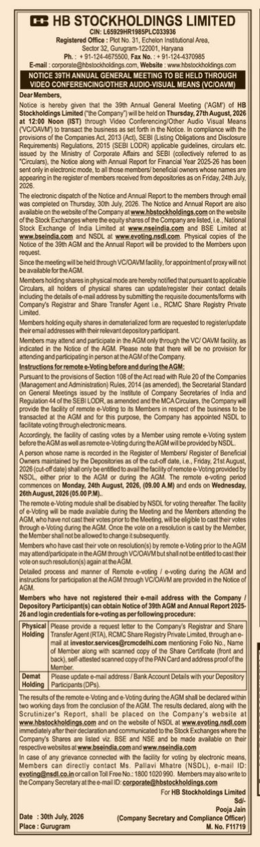Notice of the 39th Annual General Meeting of HB Stockholdings Limited