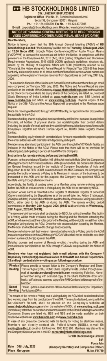 Notice of the 39th Annual General Meeting of HB Stockholdings Limited