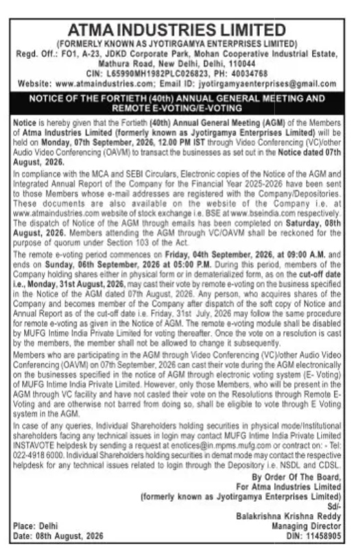 Notice of the 40th Annual General Meeting (AGM) and Remote E-Voting