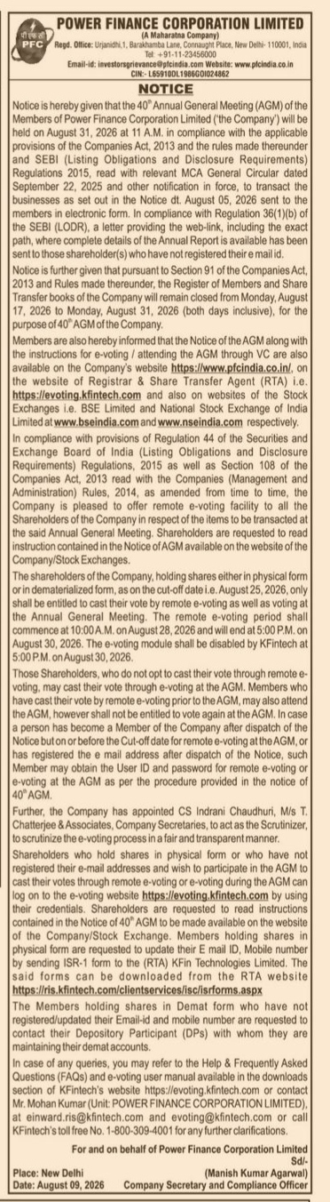 Notice of the 40th Annual General Meeting (AGM) of Power Finance Corporation Limited