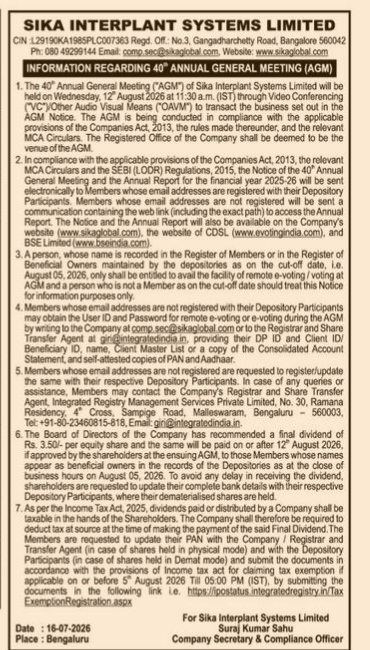 Notice of the 40th Annual General Meeting & Dividend Details