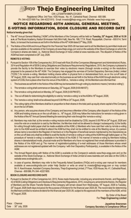 Notice of the 40th Annual General Meeting, Remote E-Voting Information, and Book Closure for Thejo Engineering Limited