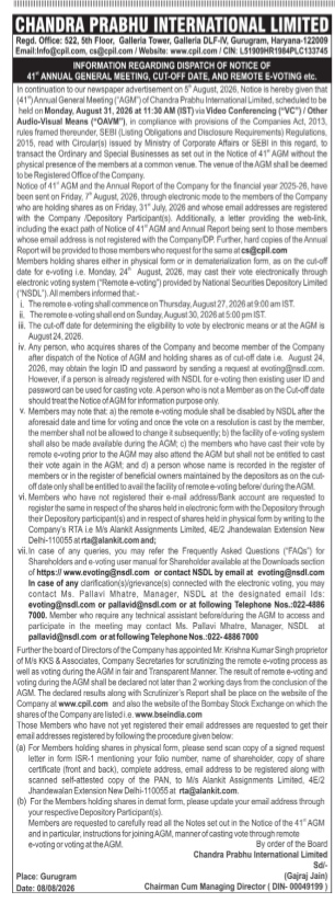 Notice of the 41st Annual General Meeting (AGM), Cut-Off Date, and Remote E-Voting Information for Chandra Prabhu International Limited