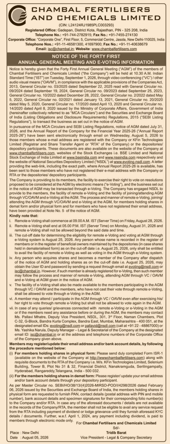 Notice of the 41st Annual General Meeting of Chambal Fertilisers and Chemicals Limited