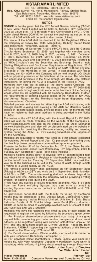 Notice of the 42nd Annual General Meeting (AGM) of Vistar Amar Limited