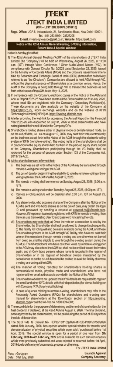 Notice of the 42nd Annual General Meeting of JTEKT India Limited