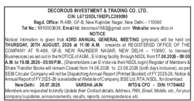 Notice of the 43rd Annual General Meeting of Decorous Investment & Trading Co. Ltd.