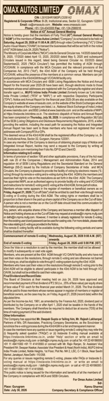 Notice of the 43rd Annual General Meeting of Omax Autos Limited