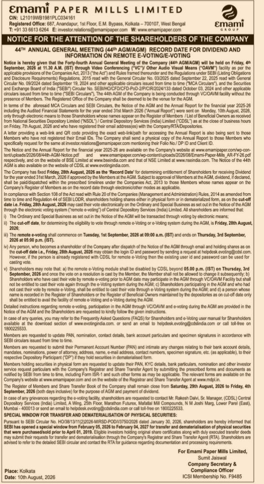 Notice of the 44th Annual General Meeting of Emami Paper Mills Limited