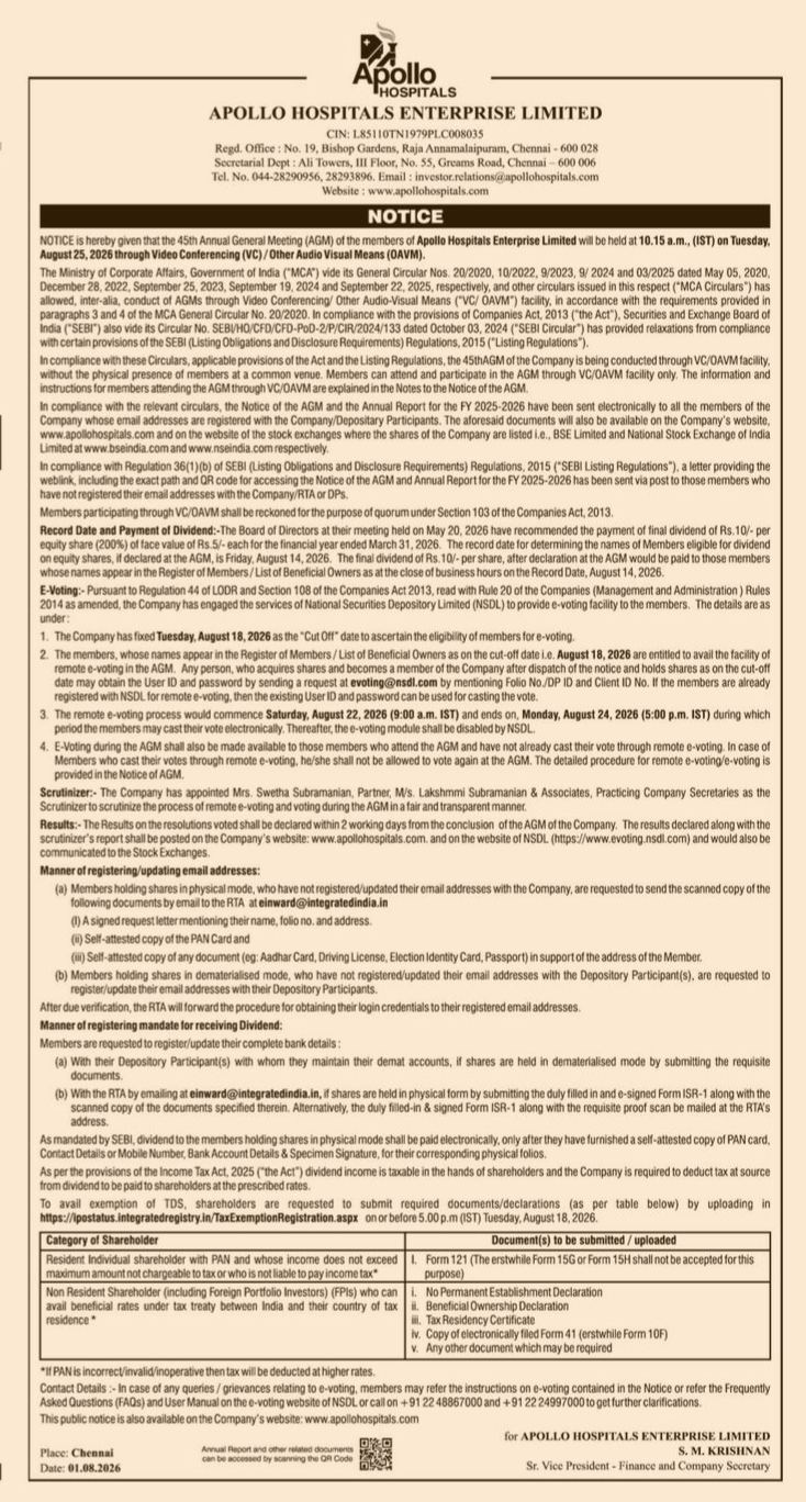 Notice of the 45th Annual General Meeting of Apollo Hospitals Enterprise Limited