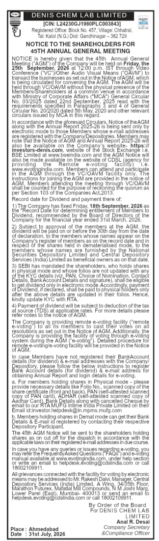 Notice of the 45th Annual General Meeting of Denis Chem Lab Limited