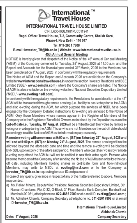 Notice of the 45th Annual General Meeting of International Travel House Limited