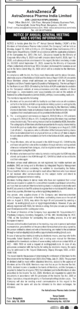Notice of the 47th AGM and E-Voting Information for AstraZeneca Pharma India Limited