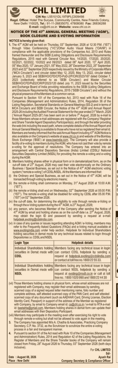 Notice of the 47th Annual General Meeting (AGM) of CHL Limited