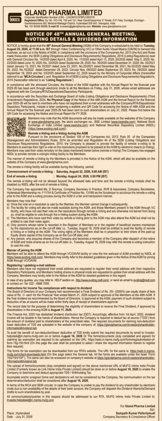 Notice of the 48th Annual General Meeting, E-Voting Details & Dividend Information of Gland Pharma Limited