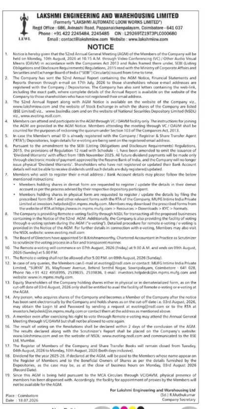Notice of the 52nd Annual General Meeting (AGM) for Lakshmi Engineering and Warehousing Limited