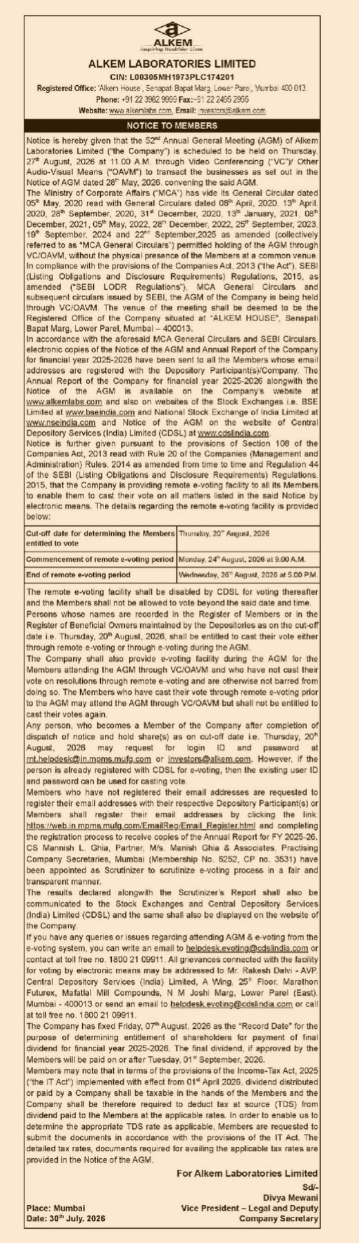 Notice of the 52nd Annual General Meeting and Remote E-Voting Information