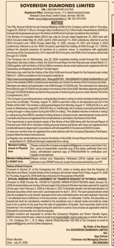Notice of the 52nd Annual General Meeting of Sovereign Diamonds Limited