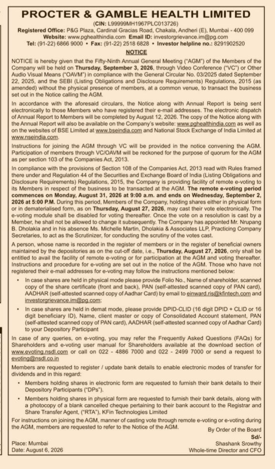 Notice of the 59th Annual General Meeting of Procter & Gamble Health Limited