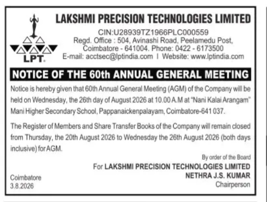 Notice of the 60th Annual General Meeting of Lakshmi Precision Technologies Limited