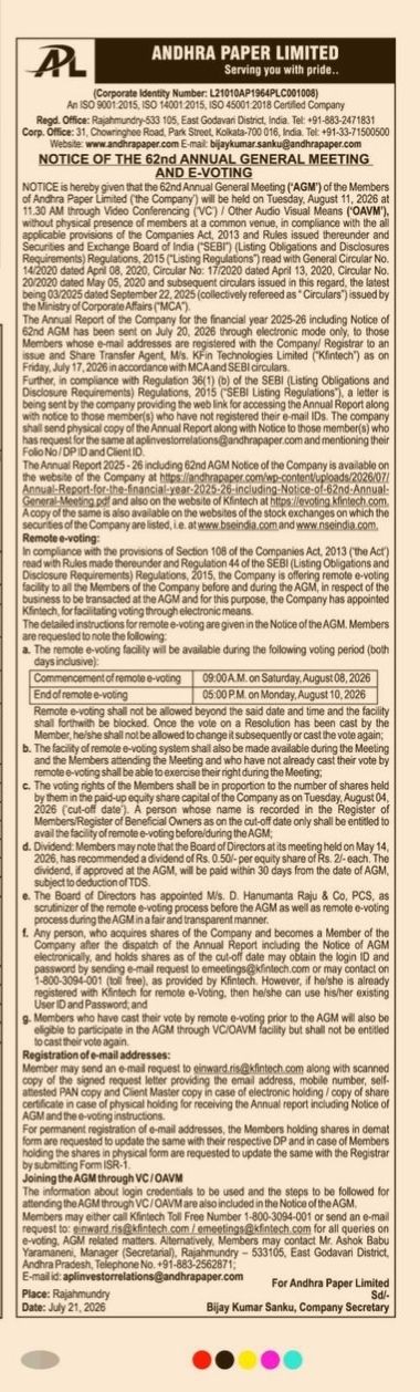 Notice of the 62nd Annual General Meeting and E-Voting for Andhra Paper Limited