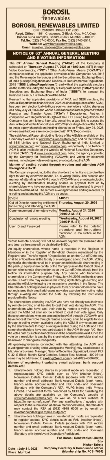 Notice of the 63rd Annual General Meeting (AGM) and E-Voting Information