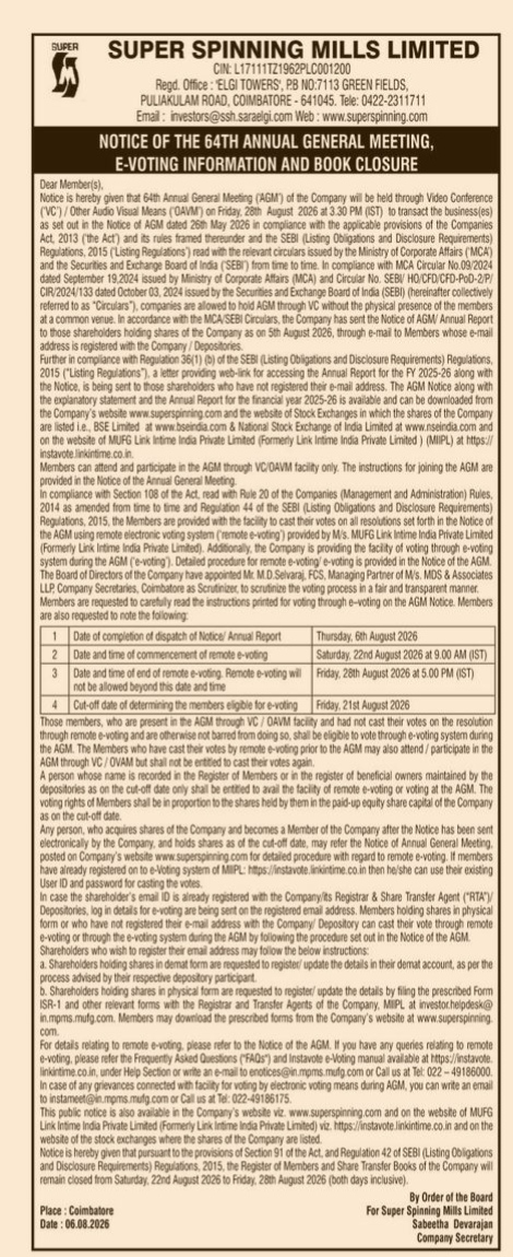 Notice of the 64th Annual General Meeting, E-Voting Information and Book Closure for Super Spinning Mills Limited