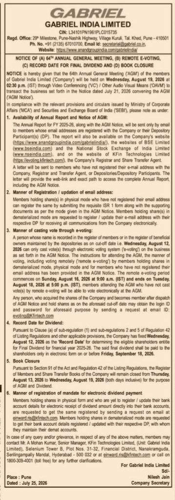 Notice of the 64th Annual General Meeting of Gabriel India Limited