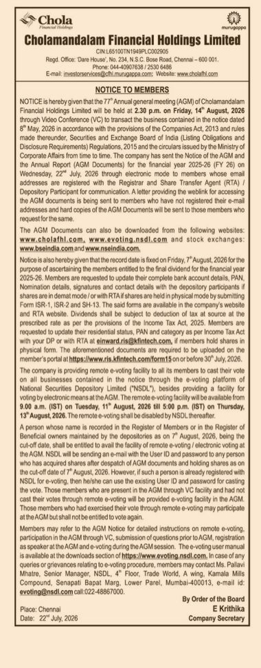 Notice of the 77th Annual General Meeting of Cholamandalam Financial Holdings Limited