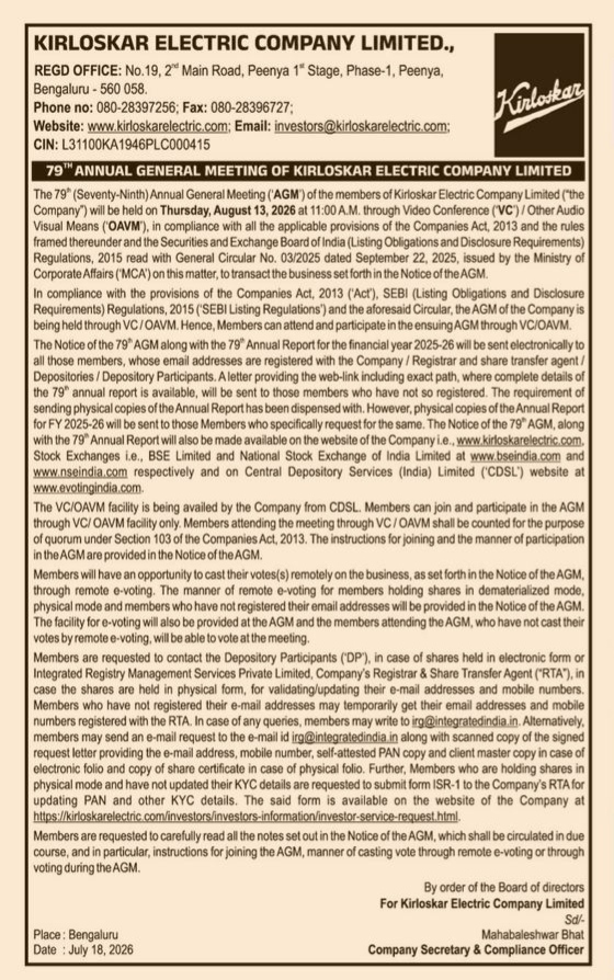 Notice of the 79th Annual General Meeting of Kirloskar Electric Company Limited