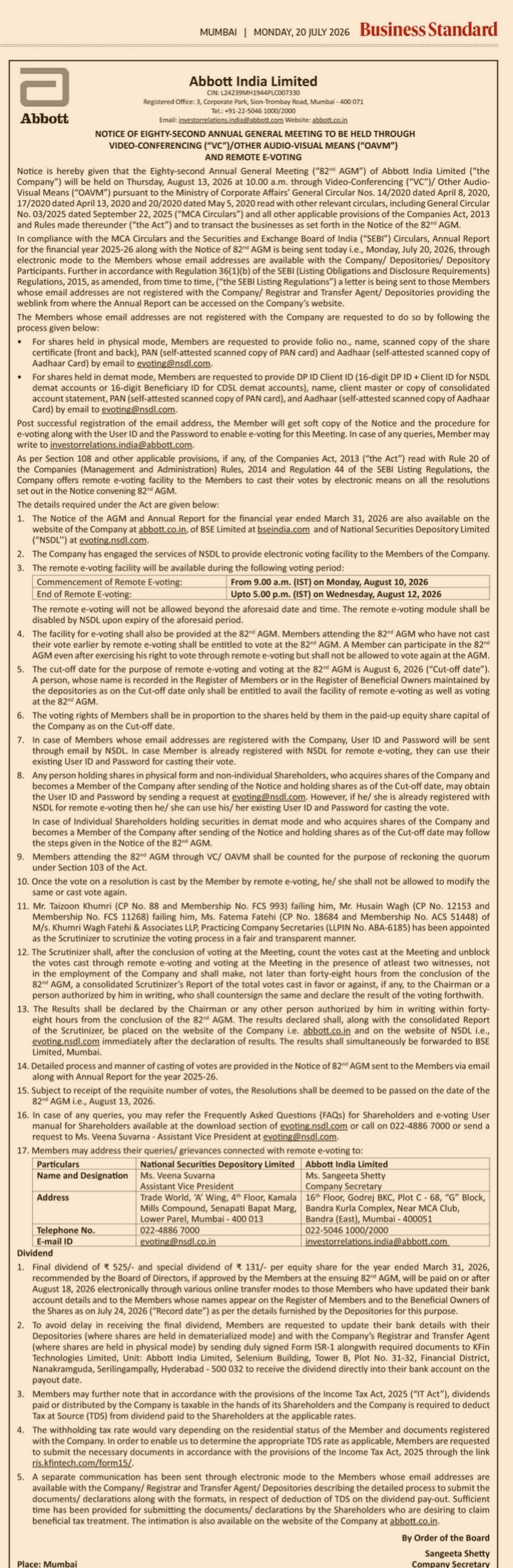 Notice of the 82nd Annual General Meeting of Abbott India Limited