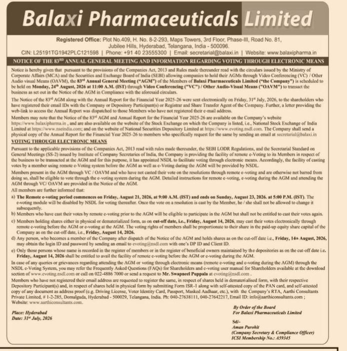 Notice of the 83rd Annual General Meeting of Balaxi Pharmaceuticals Limited