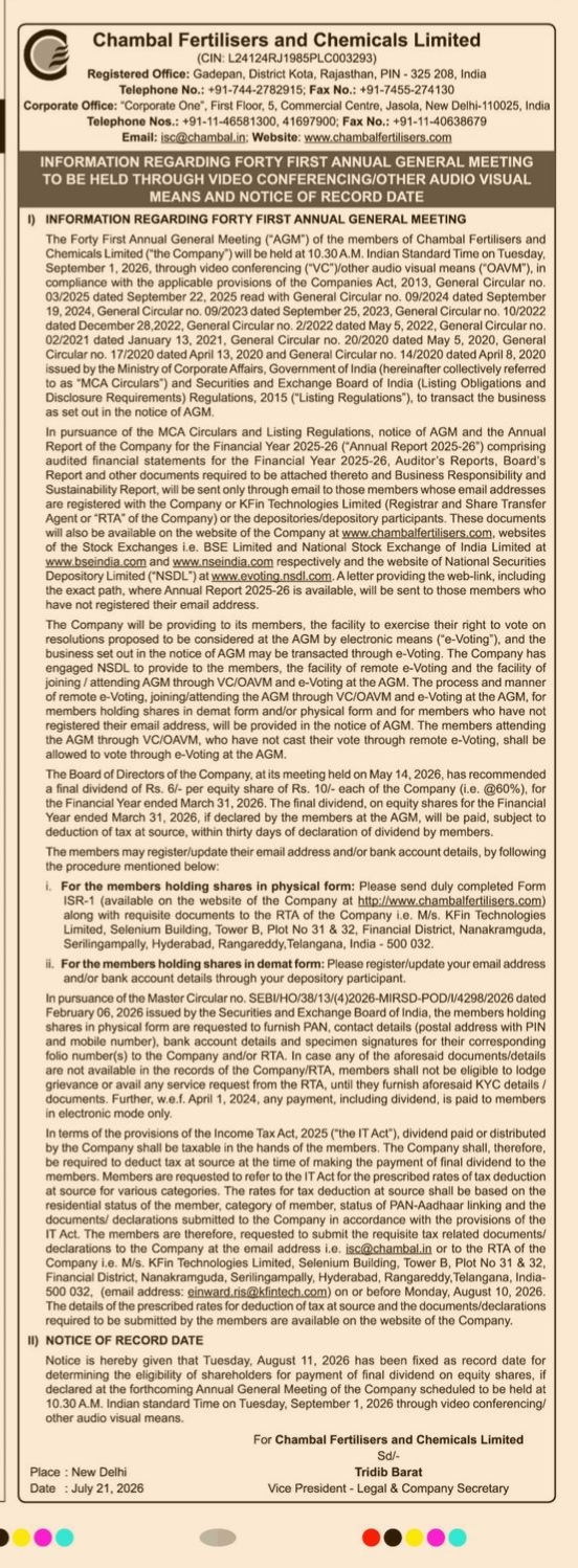 Notice of the Forty First Annual General Meeting (AGM) and Record Date issued by Chambal Fertilisers and Chemicals Limited.