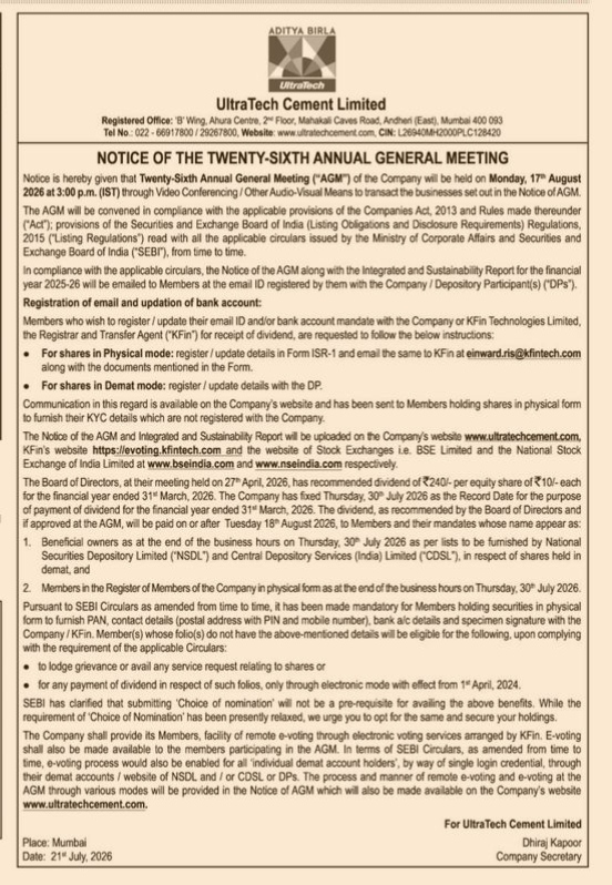 Notice of the Twenty-Sixth Annual General Meeting of UltraTech Cement Limited