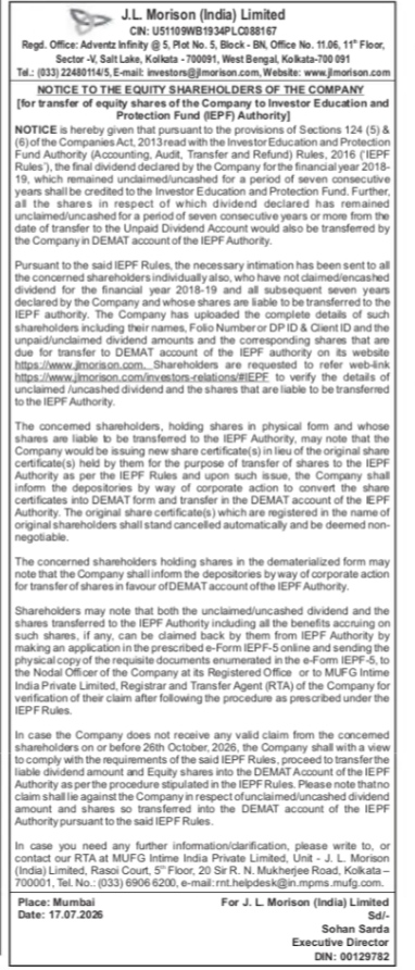Notice of Transfer of Equity Shares to IEPF Authority