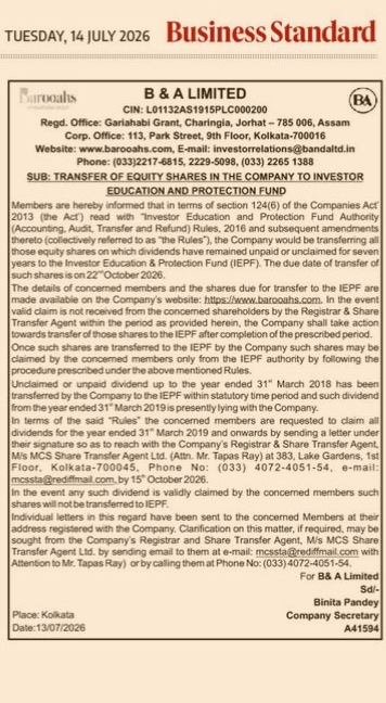 Notice of Transfer of Equity Shares to the Investor Education and Protection Fund (IEPF)